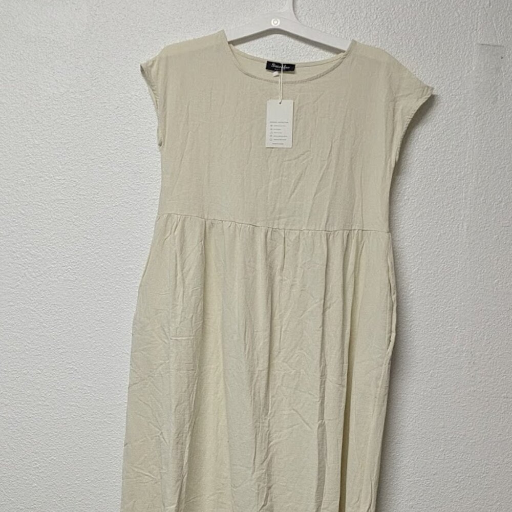 Sucrefas Women's Solid Color Round-Neck Cap Sleeves Cotton Linen Midi Dress